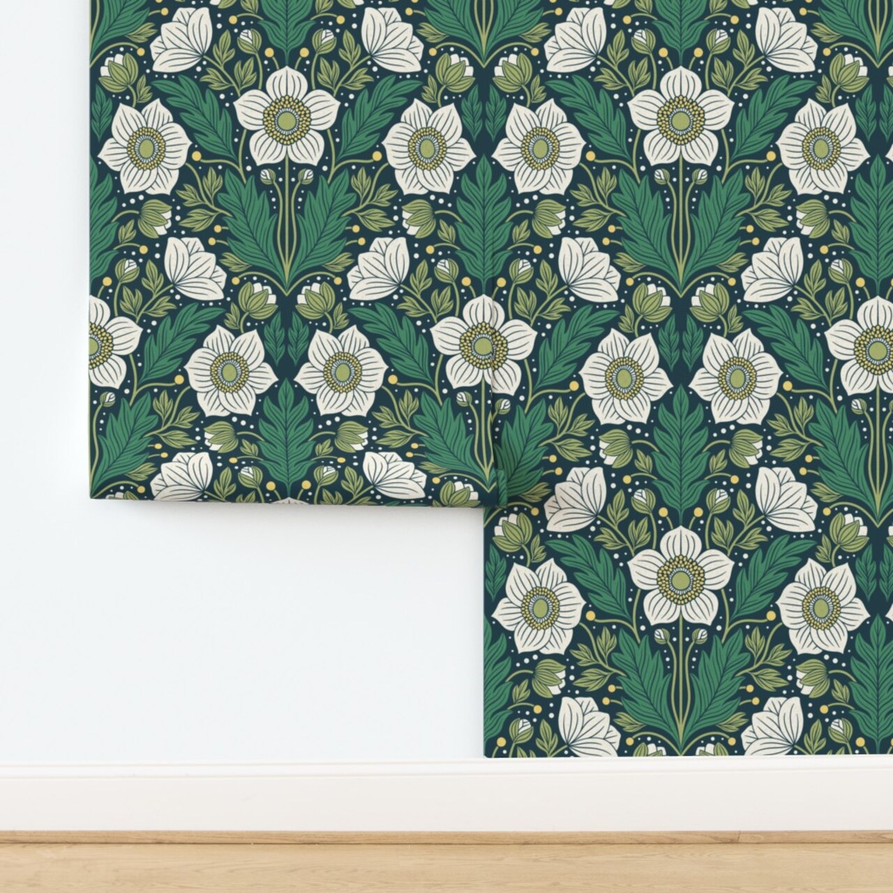 Flowers Green Blue Botanical Cottagecore Floral Dark Victorian Arts And Crafts Custom Pre-pasted Wallpaper by Spoonflower Pre-Pasted Wallpaper 2FT Wide